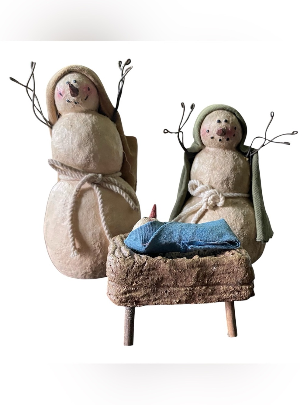 Primitive Snowman Nativity Set Handcrafted 3 Piece Set Rustic Folk Art Christmas